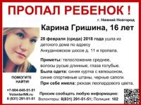 16-летнюю Карину Гришину разыскивают в Нижнем Новгороде 